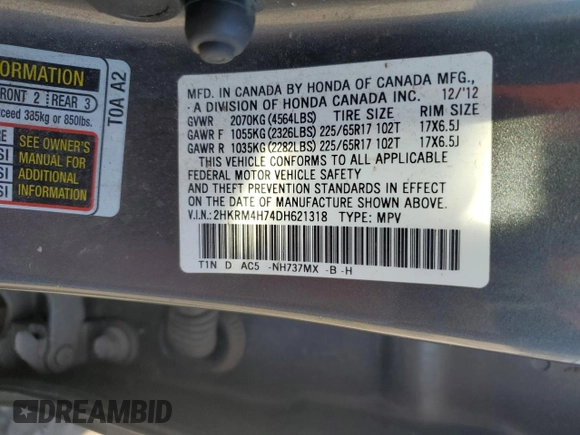 2013 Honda CR-V EX-L with VIN 2HKRM4H74DH621318, listed as a Copart auction lot 49602965 with 213,407 mi miles and Salvage Title. Bid and sale history available at carsss.com. Image 13.