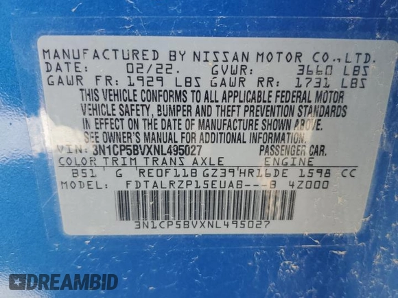 2022 Nissan Kicks S with VIN 3N1CP5BVXNL495027, listed as a Copart auction lot 52143215 with 50,425 mi miles and Salvage Title. Bid and sale history available at DreamBid. Image 15.