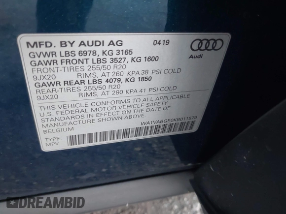 2019 Audi e-tron Prestige with VIN WA1VABGE0KB011579, listed as a IAAI auction lot 41027812 with 41,549 mi miles and . Bid and sale history available at DreamBid. Image 9.