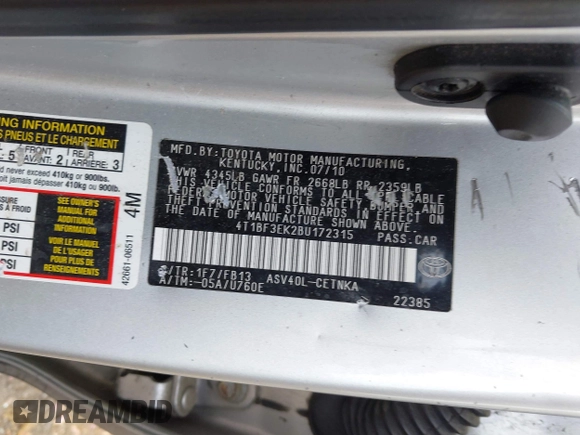 2011 Toyota Camry LE with VIN 4T1BF3EK2BU172315, listed as a IAAI auction lot 42127908 with 359,377 mi miles and . Bid and sale history available at DreamBid. Image 9.