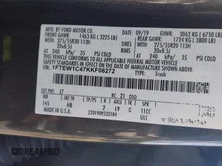 2019 Ford F-150 XL with VIN 1FTEW1C47KKF08272, listed as a IAAI auction lot 42243288 with 225,490 mi miles and . Bid and sale history available at DreamBid. Image 9.