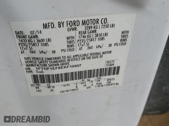 2014 Ford F-150 XL with VIN 1FTNF1EF8EKF10907, listed as a Copart auction lot 85311594 with Not provided miles and Salvage title. Bid and sale history available at DreamBid. Image 13.