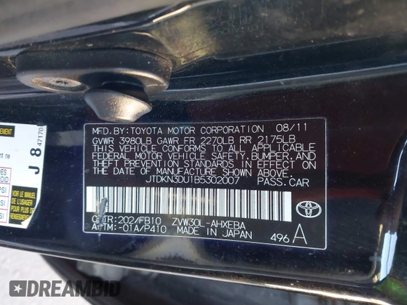 2011 Toyota Prius I with VIN JTDKN3DU1B5302007, listed as a IAAI auction lot 41313078 with 186,530 mi miles and . Bid and sale history available at DreamBid. Image 9.