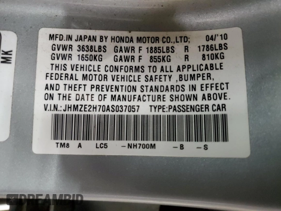 2010 Honda Insight EX with VIN JHMZE2H70AS037057, listed as a Copart auction lot 52704985 with 162,897 mi miles and Clean Title. Bid and sale history available at DreamBid. Image 12.
