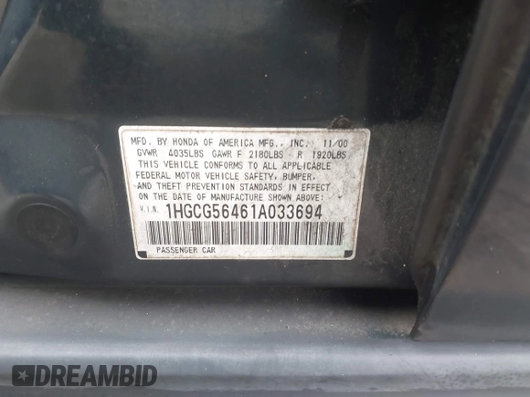 2001 Honda Accord LX z VIN 1HGCG56461A033694, wystawiony jako IAAI lot #41804320 z przebiegiem 250 000 mil mil oraz . Historia ofert i sprzedaży dostępna na DreamBid. Obrazek 9.