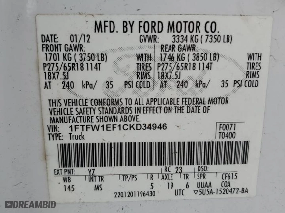 2012 Ford F-150 XL with VIN 1FTFW1EF1CKD34946, listed as a Copart auction lot 51530925 with 259,011 mi miles and Clean Title. Bid and sale history available at carsss.com. Image 14.