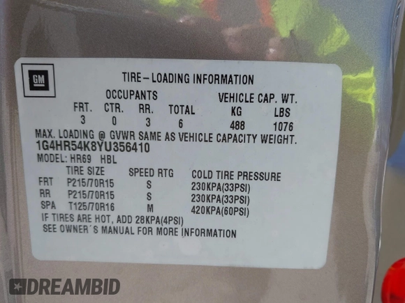 2000 Buick LeSabre Limited с VIN 1G4HR54K8YU356410, выставлен на аукционе IAAI как лот 42503922 с пробегом 52 861 миль миль и . История ставок и продаж доступна на DreamBid. Изображение 9.