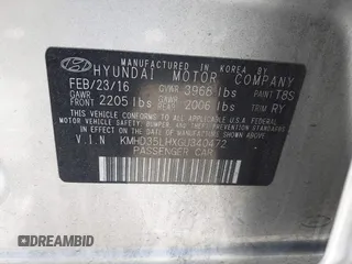 2016 Hyundai Elantra with VIN KMHD35LHXGU340472, listed as a IAAI auction lot 41603961 with 130,719 mi miles and . Bid and sale history available at DreamBid. Image 9.