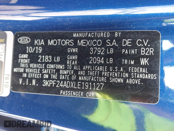 2020 Kia Forte LXS with VIN 3KPF24ADXLE191127, listed as a IAAI auction lot 41790619 with 53,777 mi miles. Bid and sale history available at carsss.com. Image 9.