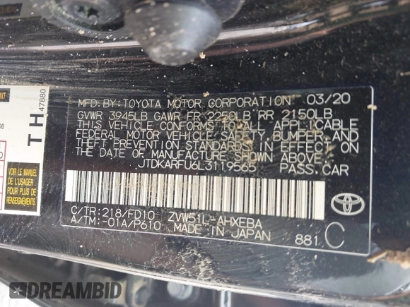 2020 Toyota Prius L Eco z VIN JTDKARFU6L3119565, wystawiony jako IAAI lot #41990990 z przebiegiem Nie podano mil oraz . Historia ofert i sprzedaży dostępna na DreamBid. Obrazek 9.