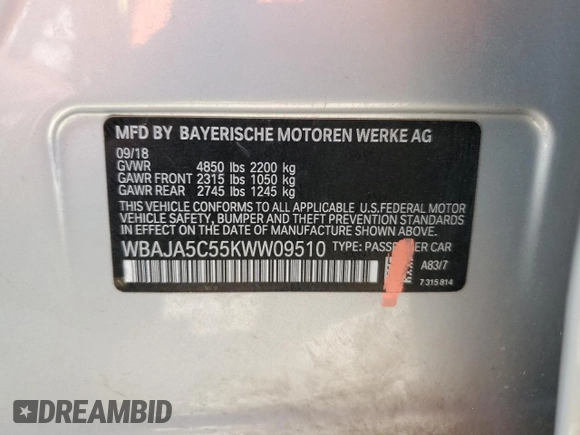 2019 BMW 5 Series 530i с VIN WBAJA5C55KWW09510, выставлен на аукционе Copart как лот 52218855 с пробегом 207 755 миль миль и Чистый • Clean title. История ставок и продаж доступна на DreamBid. Изображение 12.