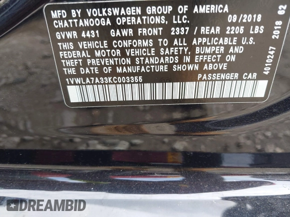 2019 Volkswagen Passat 2.0T Wolfsburg Edition with VIN 1VWLA7A33KC003355, listed as a IAAI auction lot 41545733 with 95,801 mi miles. Bid and sale history available at carsss.com. Image 9.