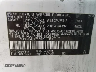 2015 Toyota RAV4 LE with VIN 2T3BFREVXFW272382, listed as a Copart auction lot 52381345 with 118,451 mi miles and Salvage Title. Bid and sale history available at DreamBid. Image 13.