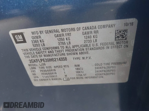 2017 GMC Terrain SLT z VIN 2GKFLPE39H6214358, wystawiony jako IAAI lot #41611688 z przebiegiem 75 012 mil mil oraz . Historia ofert i sprzedaży dostępna na DreamBid. Obrazek 9.