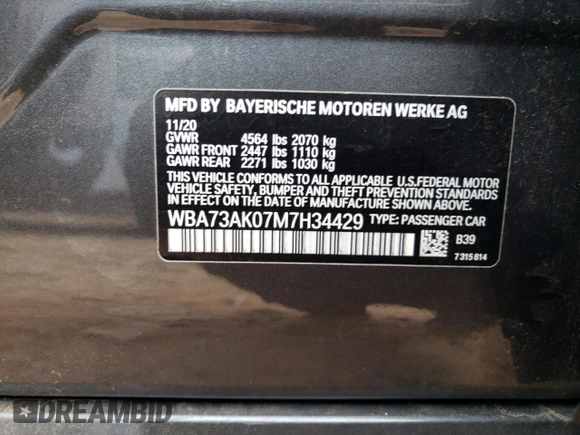 2021 BMW 2 Series 228i xDrive with VIN WBA73AK07M7H34429, listed as a Copart auction lot 37442713 with 7,287 mi miles and Salvage title. Bid and sale history available at DreamBid. Image 12.