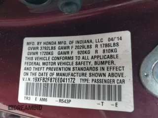 2014 Honda Civic Sedan EX with VIN 19XFB2F87EE041172, listed as a IAAI auction lot 41690179 with 111,019 mi miles. Bid and sale history available at carsss.com. Image 9.