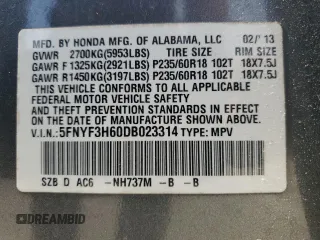 2013 Honda Pilot EX-L с VIN 5FNYF3H60DB023314, выставлен на аукционе Copart как лот 60390275 с пробегом 179 130 миль миль и Списание • Salvage title. История ставок и продаж доступна на DreamBid. Изображение 14.