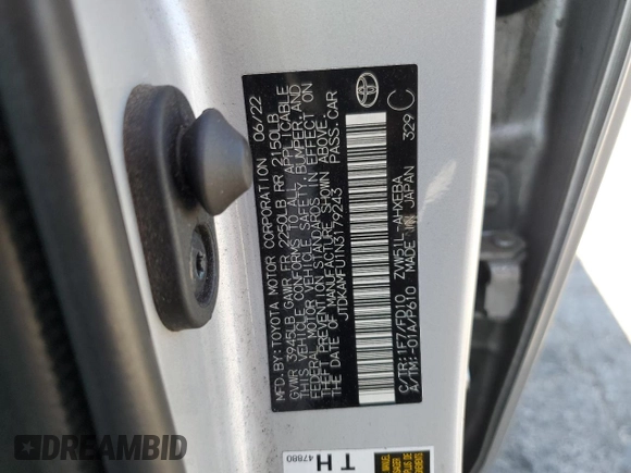 2022 Toyota Prius L Eco with VIN JTDKAMFU1N3179243, listed as a Copart auction lot 52598805 with 0 mi miles and Non Repairable. Bid and sale history available at carsss.com. Image 13.