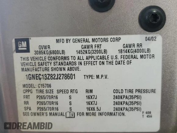 2002 Chevrolet Tahoe LS z VIN 1GNEC13Z82J278601, wystawiony jako Copart lot #59963545 z przebiegiem 149 999 mil mil oraz Szkoda całkowita • Salvage title. Historia ofert i sprzedaży dostępna na DreamBid. Obrazek 13.
