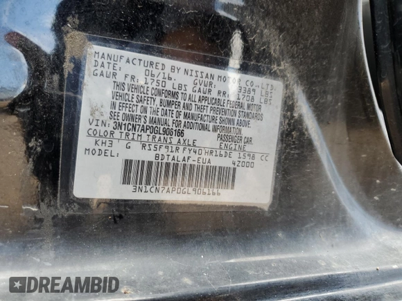 2016 Nissan Versa S with VIN 3N1CN7AP0GL906166, listed as a Copart auction lot 63160195 with 87,582 mi miles and Clean title. Bid and sale history available at DreamBid. Image 12.