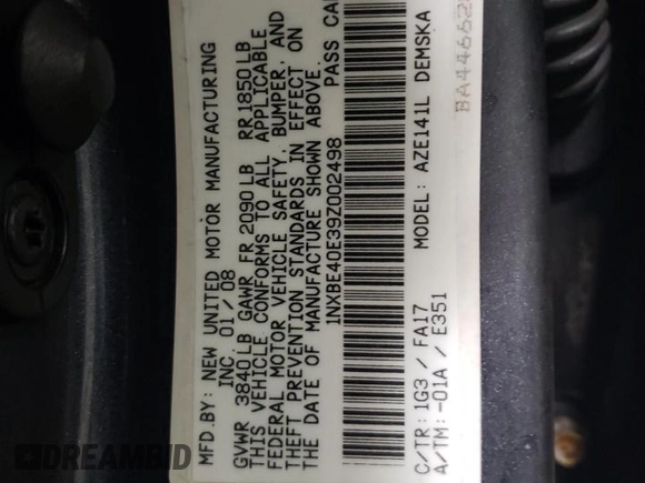 2009 Toyota Corolla XRS with VIN 1NXBE40E39Z002498, listed as a Copart auction lot 45046365 with 197,218 mi miles and Salvage Title. Bid and sale history available at carsss.com. Image 12.