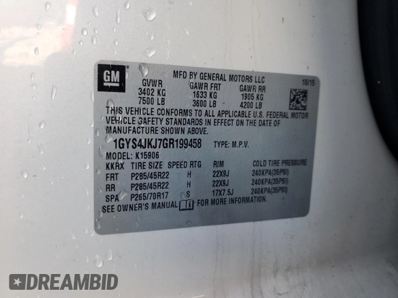 2016 Cadillac Escalade ESV Premium Collection z VIN 1GYS4JKJ7GR199458, wystawiony jako Copart lot #54258705 z przebiegiem 148 150 mil mil oraz Szkoda całkowita • Salvage title. Historia ofert i sprzedaży dostępna na DreamBid. Obrazek 14.