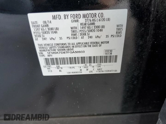 2015 Ford Explorer XLT with VIN 1FM5K7D87FGA50933, listed as a Copart auction lot 56361565 with 162,041 mi miles and Clean Title. Bid and sale history available at DreamBid. Image 13.