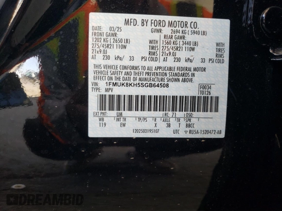 2025 Ford Explorer ST-Line with VIN 1FMUK8KH5SGB64508, listed as a Copart auction lot 59611525 with 440 mi miles and Non repairable. Bid and sale history available at DreamBid. Image 13.