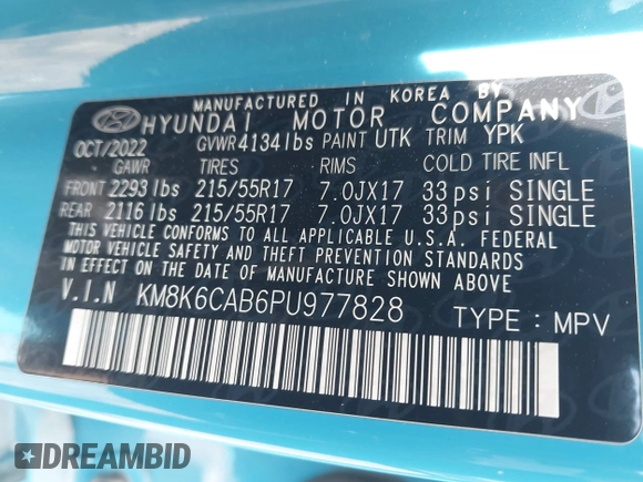 2023 Hyundai Kona SEL with VIN KM8K6CAB6PU977828, listed as a IAAI auction lot 42094972 with 61,283 mi miles and . Bid and sale history available at DreamBid. Image 9.