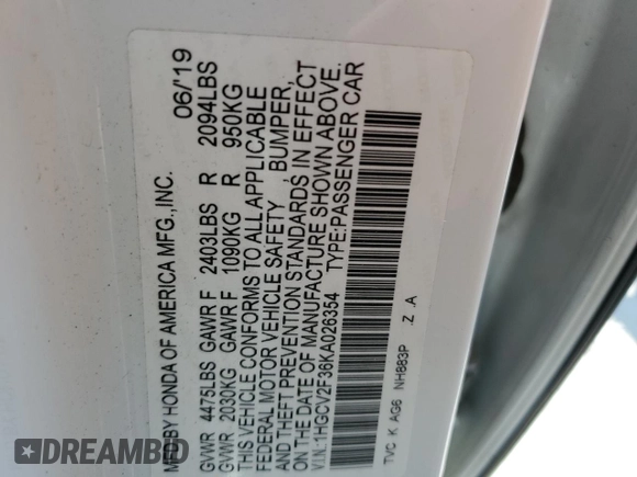 2019 Honda Accord Sport with VIN 1HGCV2F36KA026354, listed as a Copart auction lot 53116515 with 137,663 mi miles and Salvage title. Bid and sale history available at DreamBid. Image 14.