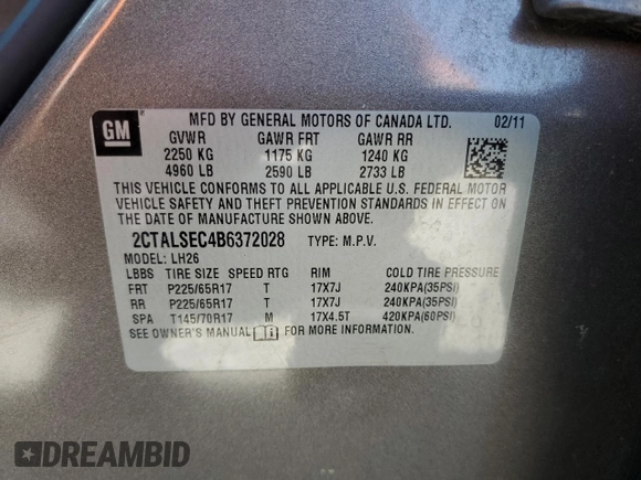 2011 GMC Terrain SLE-2 with VIN 2CTALSEC4B6372028, listed as a Copart auction lot 61608665 with 99,731 mi miles and Clean title. Bid and sale history available at DreamBid. Image 13.