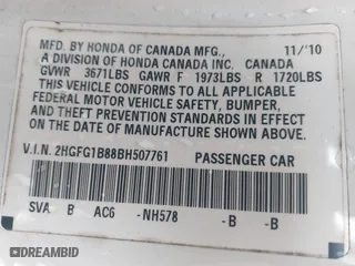 2011 Honda Civic Cpe EX with VIN 2HGFG1B88BH507761, listed as a IAAI auction lot 41570190 with 208,863 mi miles. Bid and sale history available at carsss.com. Image 9.