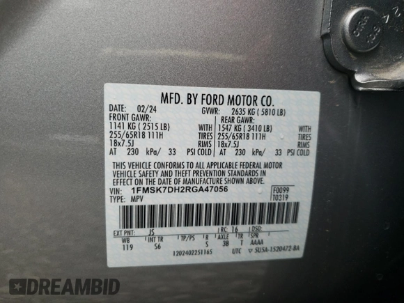 2024 Ford Explorer XLT с VIN 1FMSK7DH2RGA47056, выставлен на аукционе Copart как лот 58846645 с пробегом 9 956 миль миль и Чистый • Clean title. История ставок и продаж доступна на DreamBid. Изображение 13.