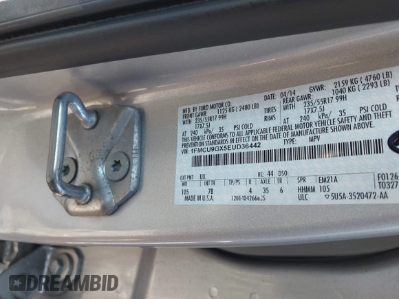 2014 Ford Escape SE with VIN 1FMCU9GX5EUD36442, listed as a IAAI auction lot 41984241 with 105,423 mi miles. Bid and sale history available at carsss.com. Image 9.