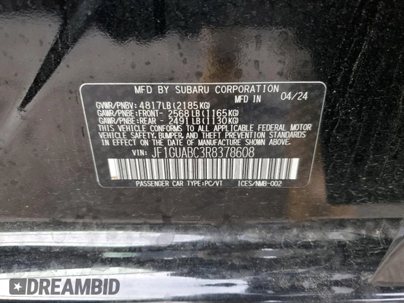 2024 Subaru Impreza with VIN JF1GUABC3R8378608, listed as a Copart auction lot 82764054 with 3,225 mi miles and Salvage Title. Bid and sale history available at carsss.com. Image 12.