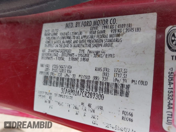 2012 Ford Fusion SEL with VIN 3FAHP0JA7CR289300, listed as a IAAI auction lot 42508765 with 161,922 mi miles and . Bid and sale history available at DreamBid. Image 9.
