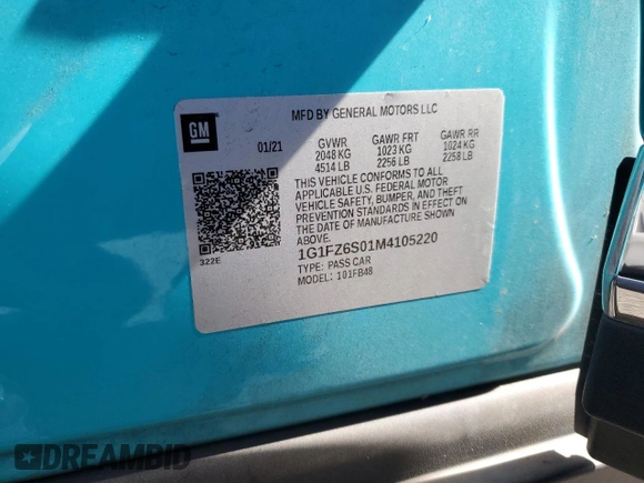 2021 Chevrolet Bolt EV Premier with VIN 1G1FZ6S01M4105220, listed as a Copart auction lot 54224355 with 41,882 mi miles and Salvage title. Bid and sale history available at DreamBid. Image 12.