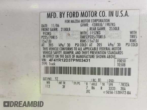 2007 Mazda B-Series Truck with VIN 4F4YR12D37PM03431, listed as a IAAI auction lot 42133980 with 330,728 mi miles and . Bid and sale history available at DreamBid. Image 9.