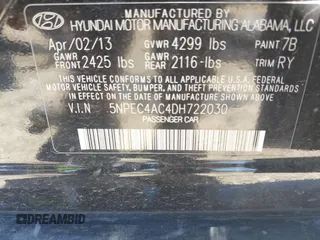 2013 Hyundai Sonata Limited with VIN 5NPEC4AC4DH722030, listed as a IAAI auction lot 41828152 with 162,524 mi miles and . Bid and sale history available at DreamBid. Image 9.
