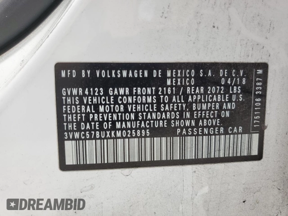 2019 Volkswagen Jetta S с VIN 3VWC57BUXKM025895, выставлен на аукционе Copart как лот 57839285 с пробегом 73 754 миль миль и Списание • Salvage title. История ставок и продаж доступна на DreamBid. Изображение 12.