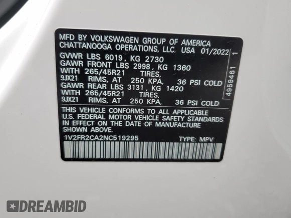 2022 Volkswagen Atlas SEL Premium R-Line with VIN 1V2FR2CA2NC519295, listed as a Copart auction lot 48591095 with 38,002 mi miles and Salvage title. Bid and sale history available at DreamBid. Image 13.