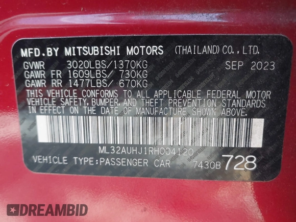 2024 Mitsubishi Mirage ES z VIN ML32AUHJ1RH004120, wystawiony jako IAAI lot #41741975 z przebiegiem 21 916 mil mil oraz . Historia ofert i sprzedaży dostępna na DreamBid. Obrazek 9.