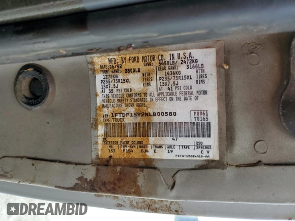 1992 Ford F-150 with VIN 1FTDF15Y2NLB00580, listed as a Copart auction lot 76871004 with 0 mi miles and Salvage Title. Bid and sale history available at carsss.com. Image 13.