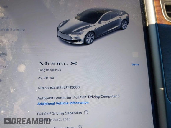 2020 Tesla Model S Long Range with VIN 5YJSA1E24LF413888, listed as a IAAI auction lot 41214903 with 42,711 mi miles and . Bid and sale history available at DreamBid. Image 7.