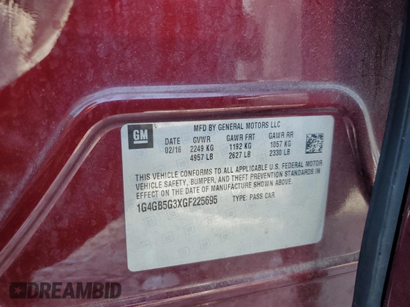 2016 Buick LaCrosse Leather with VIN 1G4GB5G3XGF225695, listed as a Copart auction lot 64237805 with Not provided miles and Clean title. Bid and sale history available at DreamBid. Image 13.