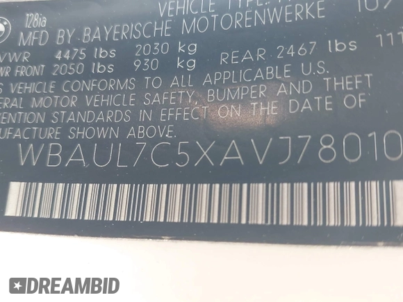 2010 BMW 1 Series 128i with VIN WBAUL7C5XAVJ78010, listed as a IAAI auction lot 42549423 with 153,771 mi miles and . Bid and sale history available at DreamBid. Image 9.