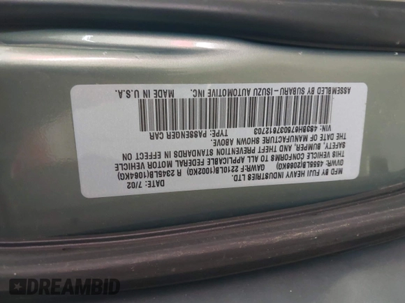 2003 Subaru Legacy Outback with VIN 4S3BH675037612703, listed as a IAAI auction lot 42394463 with 146,884 mi miles and . Bid and sale history available at DreamBid. Image 9.