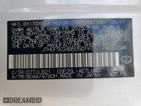 2011 Lexus IS 250 with VIN JTHCF5C24B5050197, listed as a Copart auction lot 60428695 with 180,735 mi miles and Clean title. Bid and sale history available at DreamBid. Image 12.
