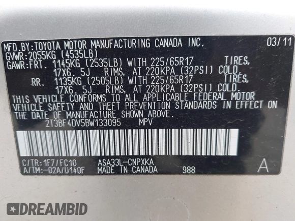 2011 Toyota RAV4 with VIN 2T3BF4DV5BW133095, listed as a IAAI auction lot 42064118 with 141,862 mi miles. Bid and sale history available at carsss.com. Image 9.