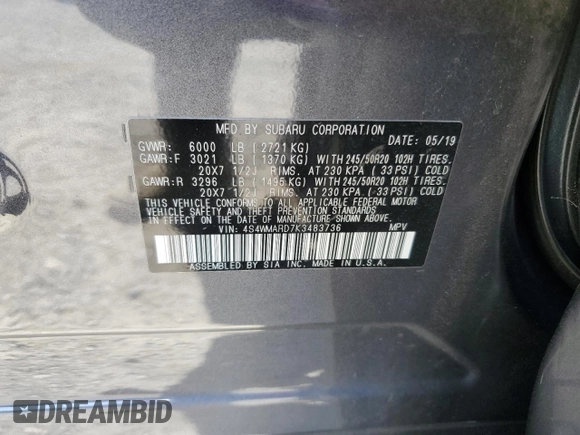 2019 Subaru Ascent Touring with VIN 4S4WMARD7K3483736, listed as a Copart auction lot 60461965 with Not provided miles and Salvage title. Bid and sale history available at DreamBid. Image 14.